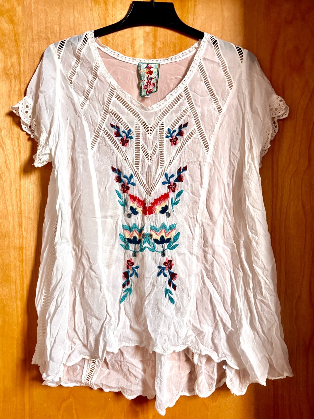 Johnny Was Shirt Vera Embroidered Blouse White Floral Flower Boho Lace Crochet
